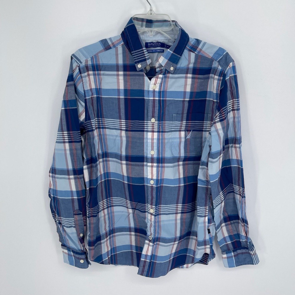 Nautica Men's Blue Plaid Classic Fit Stretch Button‎ Down Shirt Size M